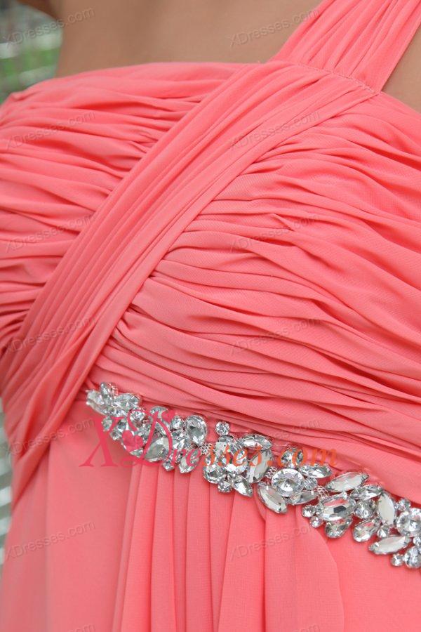 Watermelon Red One Shoulder Ruching Beading Floor-length Prom Dress