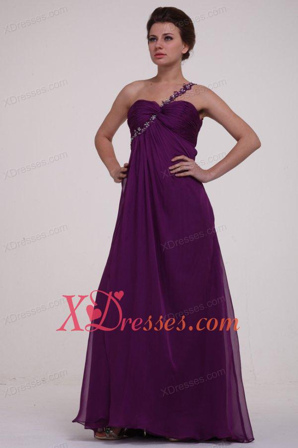 Empire Purple One Shoulder Ruching Appliques Long Prom Dress