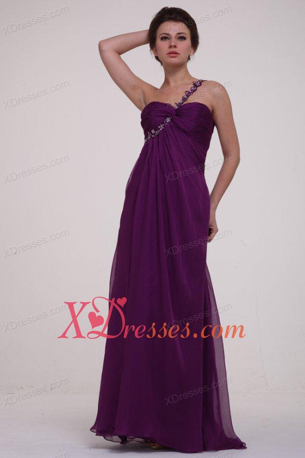 Empire Purple One Shoulder Ruching Appliques Long Prom Dress