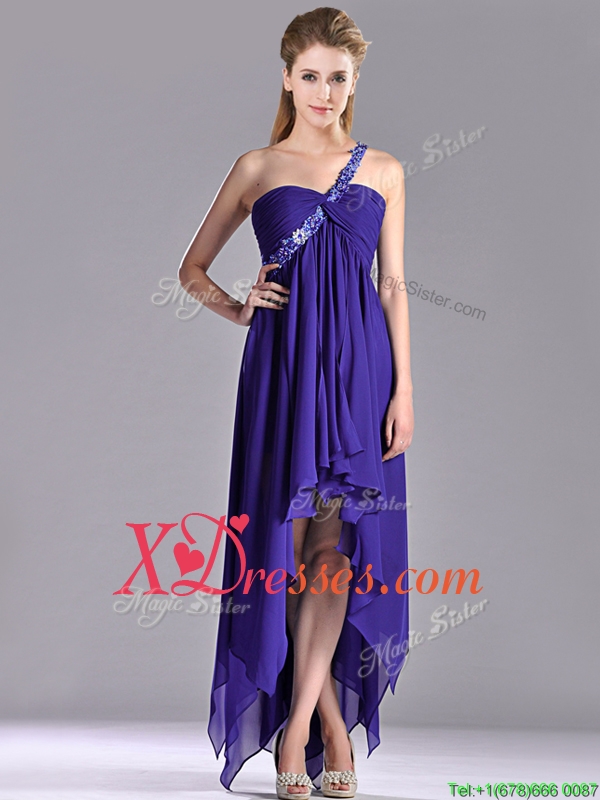Cheap High Low One Shoulder Criss Cross Prom Dress with Beading