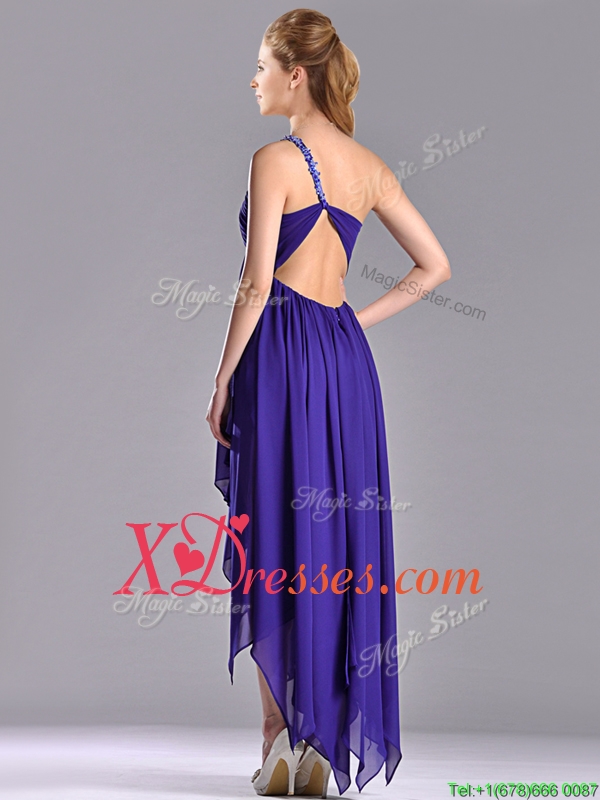 Cheap High Low One Shoulder Criss Cross Prom Dress with Beading