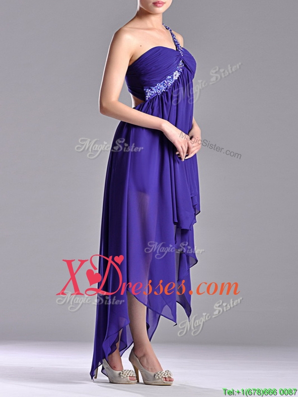 Cheap High Low One Shoulder Criss Cross Prom Dress with Beading