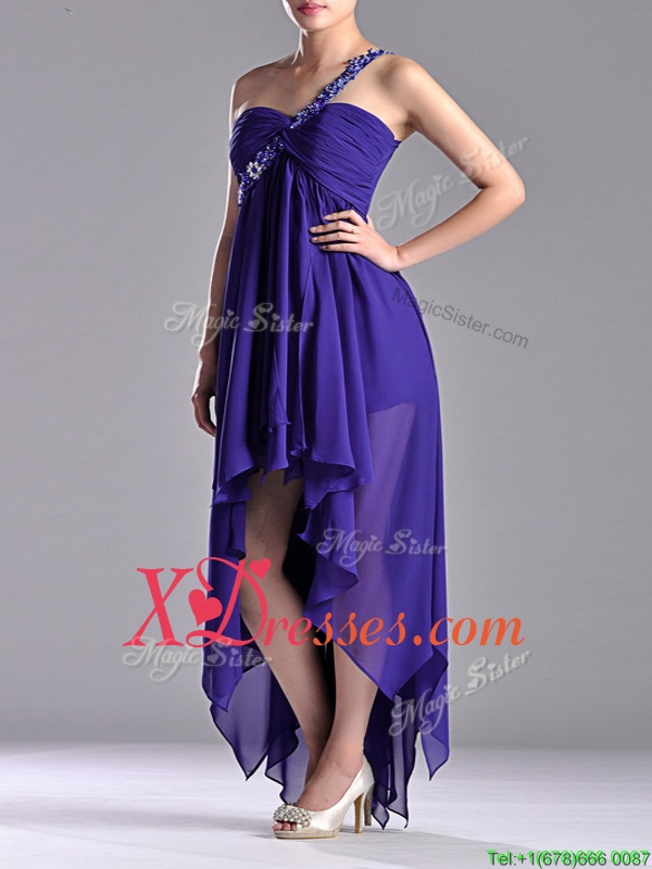 Cheap High Low One Shoulder Criss Cross Prom Dress with Beading