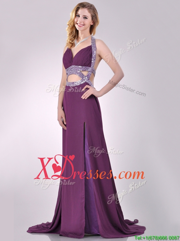 Gorgeous Cut Out Waist Halter Top Prom Dress with Brush Train