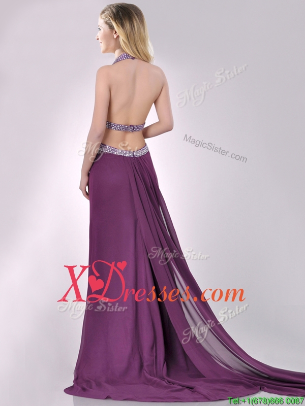 Gorgeous Cut Out Waist Halter Top Prom Dress with Brush Train