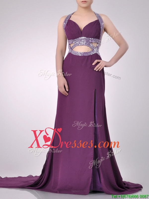Gorgeous Cut Out Waist Halter Top Prom Dress with Brush Train