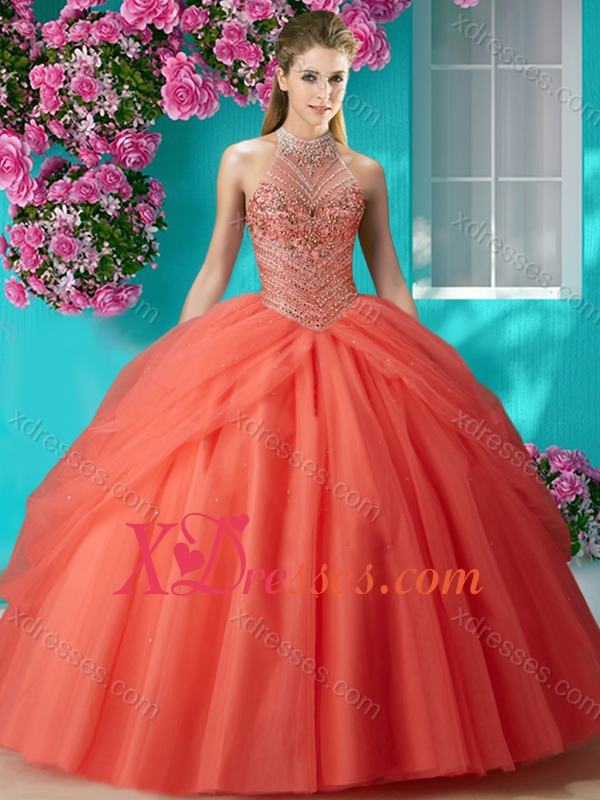 Elegant Halter Top Beaded and Applique Quinceanera Dress in Orange Red
