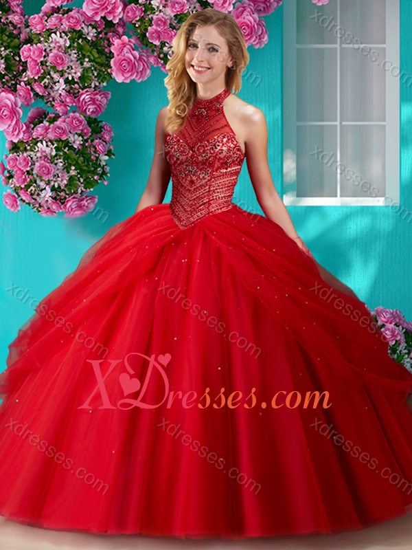 Elegant Halter Top Beaded and Applique Quinceanera Dress in Orange Red