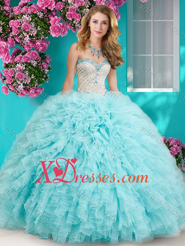 Feminine Really Puffy Floor Length Quinceanera Dress with Beading and Ruffles