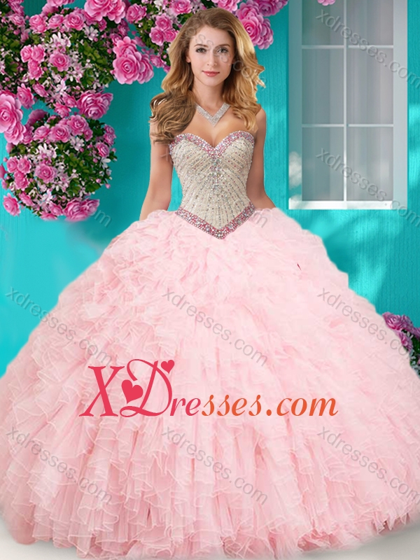 Feminine Really Puffy Floor Length Quinceanera Dress with Beading and Ruffles