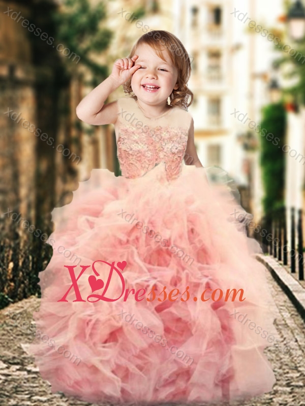 Wonderful Ruffled and Laced Little Gir lDress with See Through Scoop