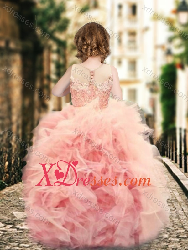 Wonderful Ruffled and Laced Little Gir lDress with See Through Scoop