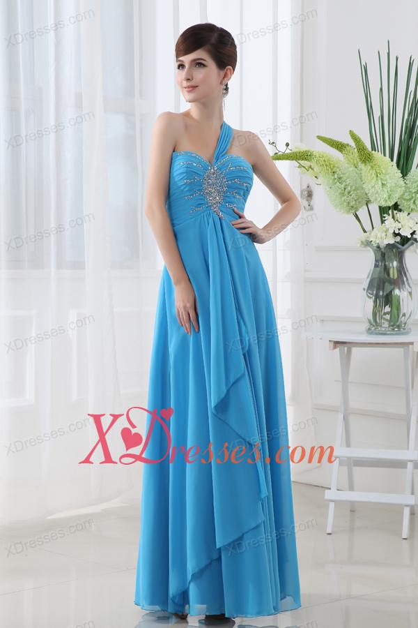 Empire Teal Blue Chiffon Prom Dress with One Shoulder Beading and Ruching