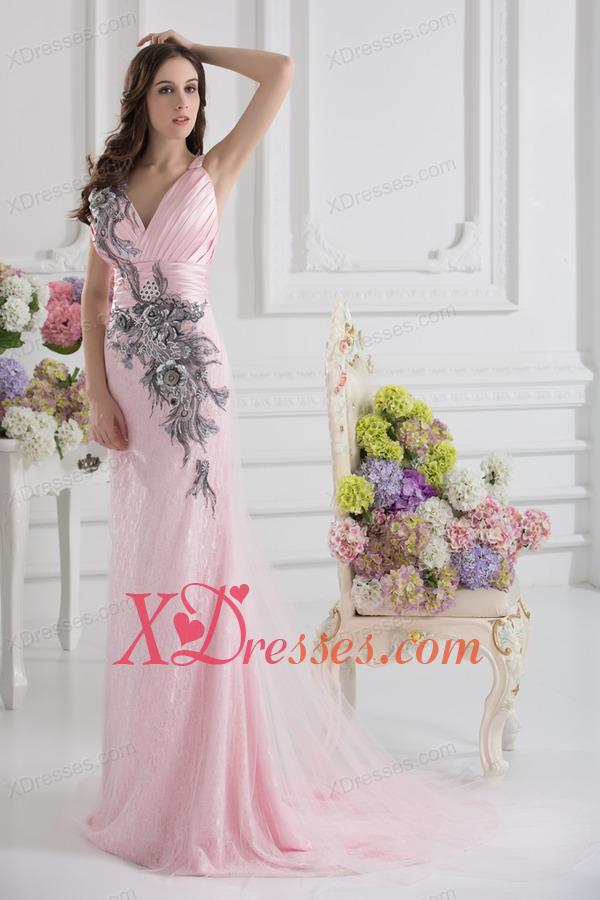 Column Straps Lace Appliques Ruching Baby Pink Lace Prom Dress