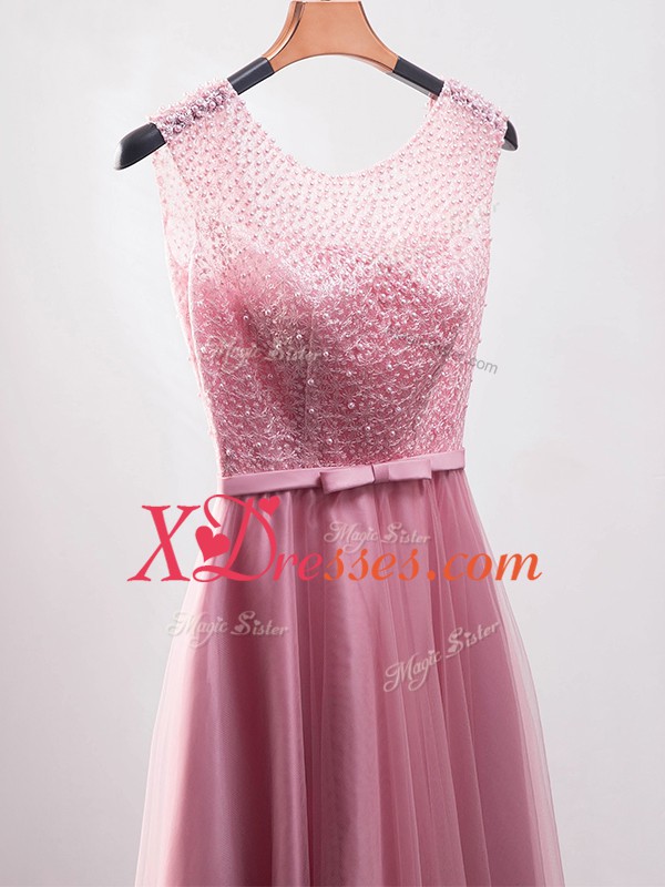 Beauteous Pink Scoop Neckline Beading and Belt Homecoming Dress Sleeveless Zipper