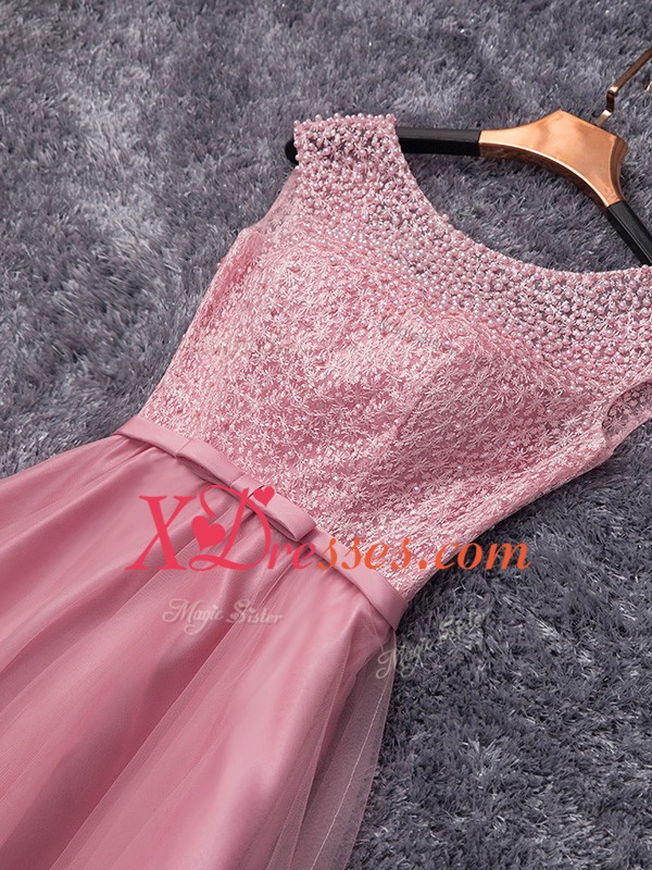 Beauteous Pink Scoop Neckline Beading and Belt Homecoming Dress Sleeveless Zipper