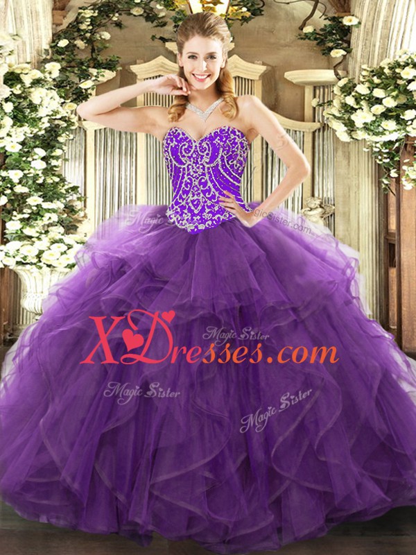  Eggplant Purple Tulle Lace Up Quinceanera Gowns Sleeveless Floor Length Beading and Ruffles