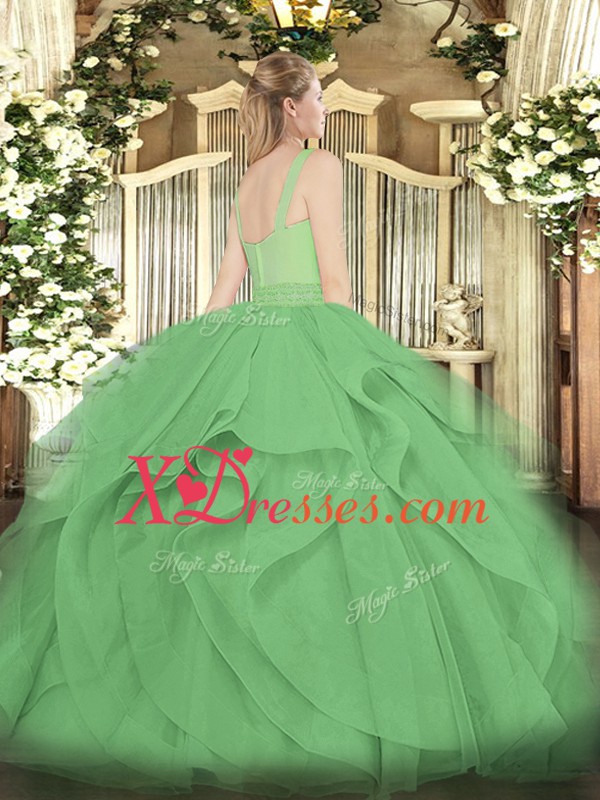  Teal Ball Gowns Straps Sleeveless Tulle Floor Length Zipper Beading and Ruffles 15th Birthday Dress