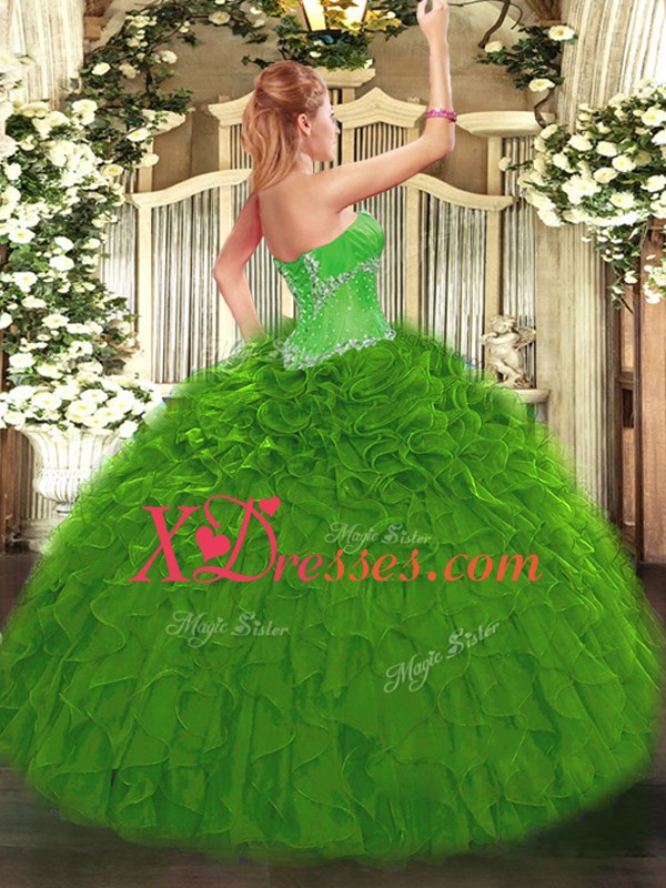  Olive Green Sweet 16 Dress Sweet 16 and Quinceanera with Beading and Ruffles Sweetheart Sleeveless Lace Up