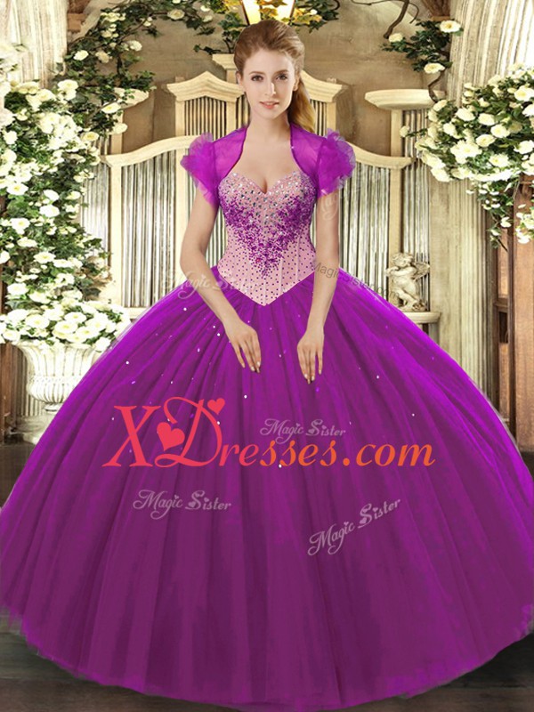  Eggplant Purple Sleeveless Floor Length Beading Lace Up Quinceanera Dress