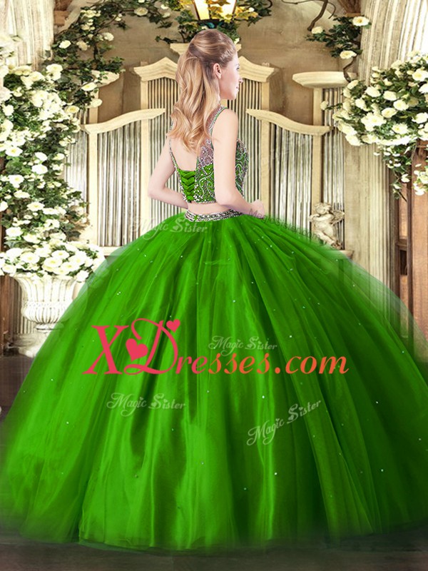  Olive Green Lace Up Vestidos de Quinceanera Beading Sleeveless Floor Length
