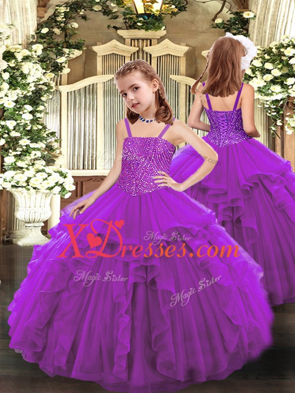  Beading and Ruffles Quince Ball Gowns Eggplant Purple Lace Up Sleeveless Floor Length