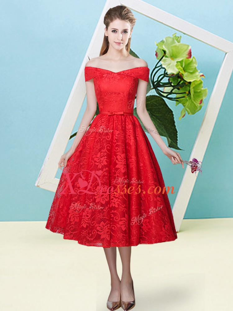  Lace Cap Sleeves Tea Length Bridesmaids Dress and Bowknot