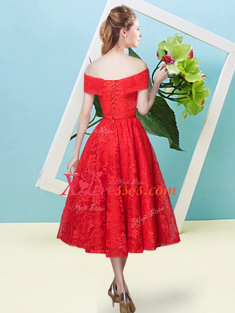  Lace Cap Sleeves Tea Length Bridesmaids Dress and Bowknot