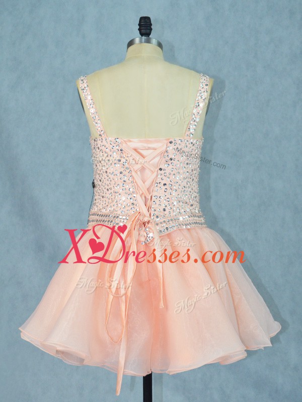 Traditional Peach A-line Organza Straps Sleeveless Beading Mini Length Lace Up Dress for Prom