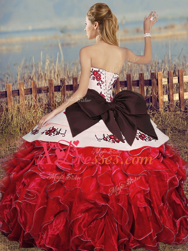 Colorful Sweetheart Sleeveless Organza Quinceanera Dresses Embroidery and Ruffles and Bowknot Lace Up
