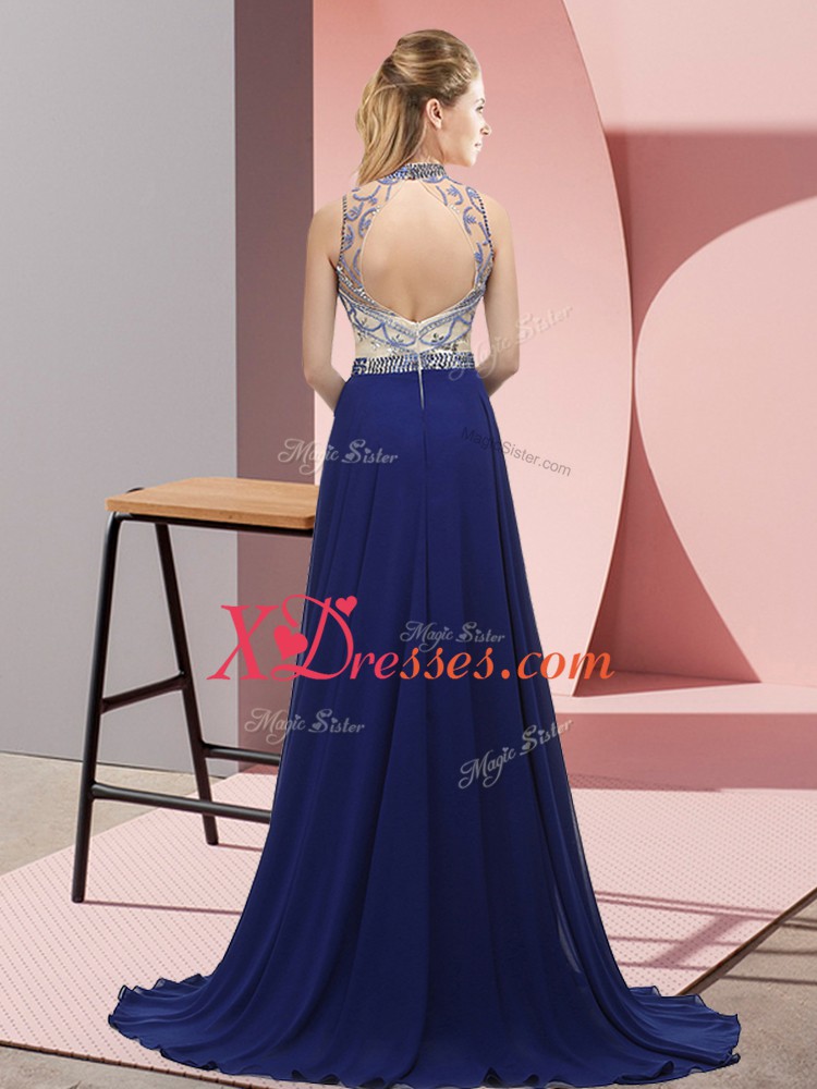  Blue Chiffon Backless Prom Party Dress Sleeveless Brush Train Beading