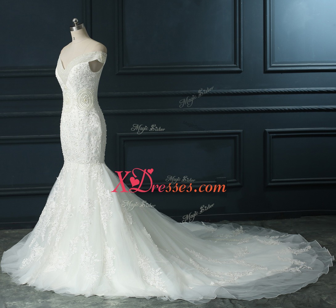 Custom Made Sleeveless Organza Court Train Zipper Wedding Dress in White with Beading and Lace