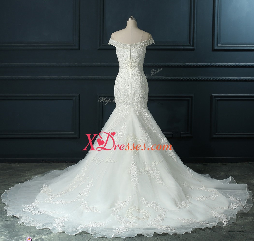 Custom Made Sleeveless Organza Court Train Zipper Wedding Dress in White with Beading and Lace