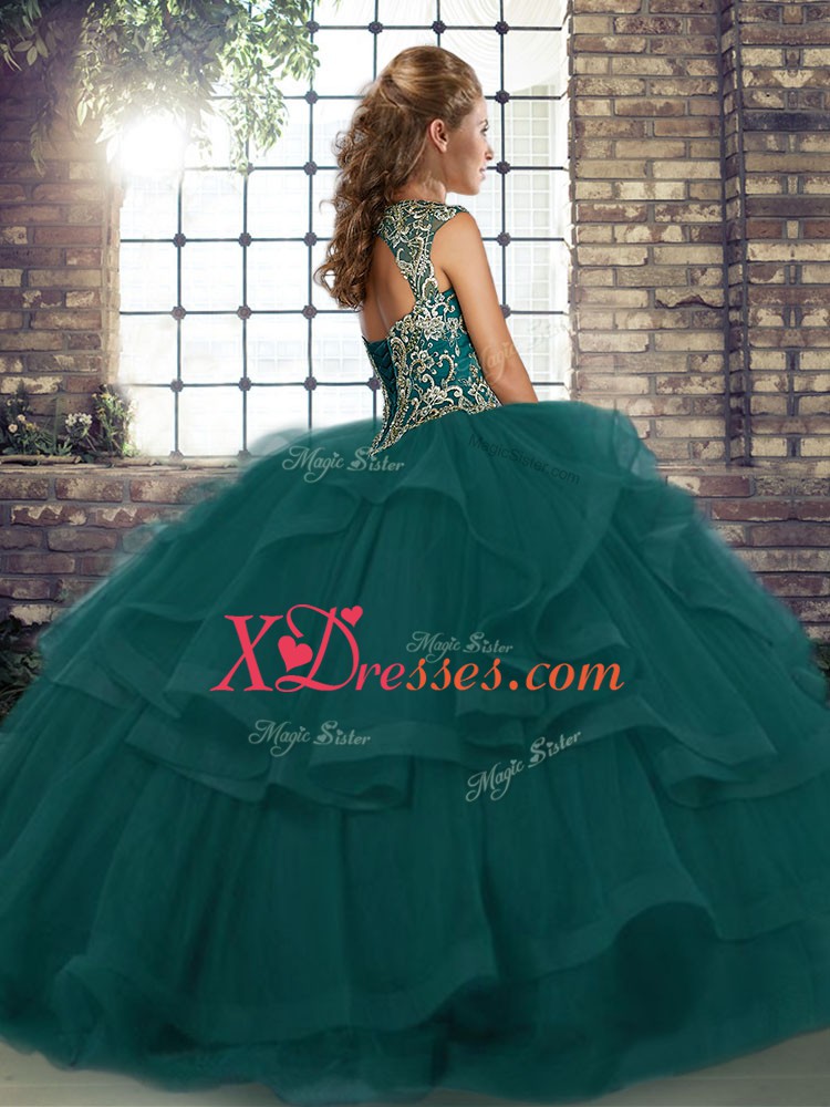  Beading and Ruffles Vestidos de Quinceanera Olive Green Lace Up Sleeveless Floor Length