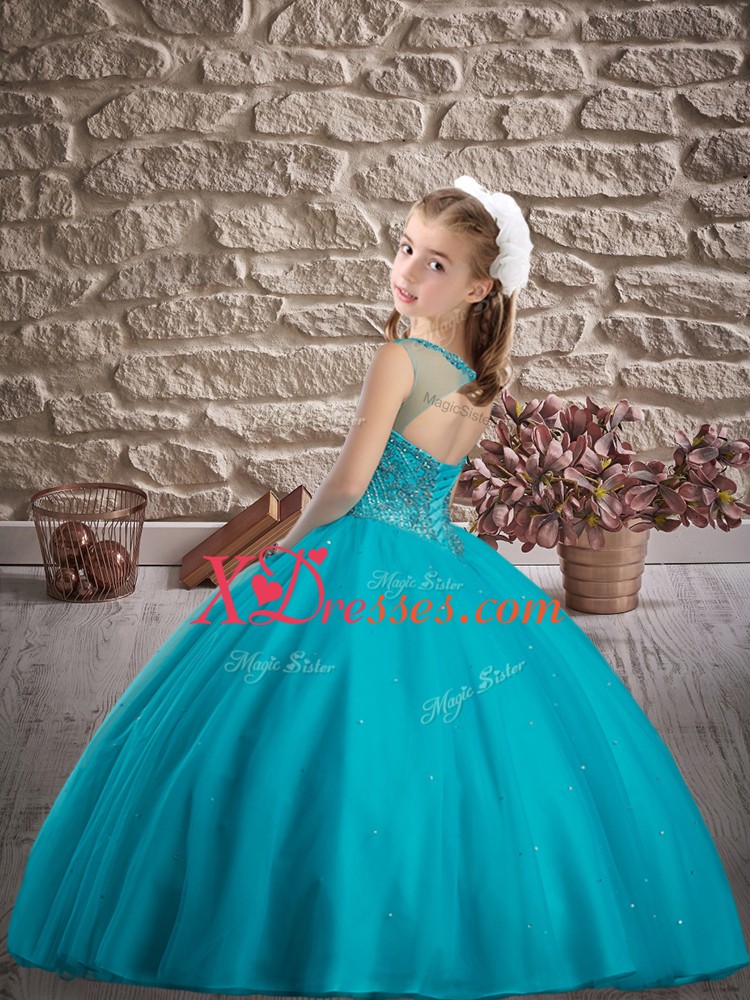  Sleeveless Tulle Floor Length Lace Up Pageant Dress for Girls in Olive Green with Beading