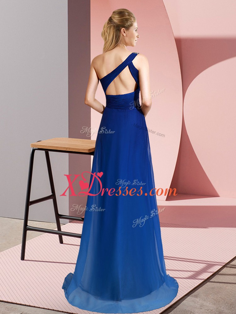  Brush Train Empire Homecoming Dress Royal Blue One Shoulder Chiffon Sleeveless Criss Cross