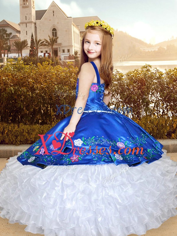  White And Purple Organza Lace Up Straps Sleeveless Floor Length Kids Formal Wear Embroidery and Ruffles