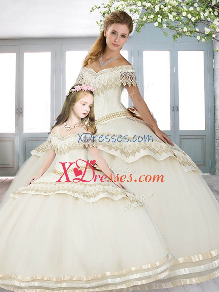Comfortable Short Sleeves Lace Up Floor Length Beading and Lace 15th Birthday Dress