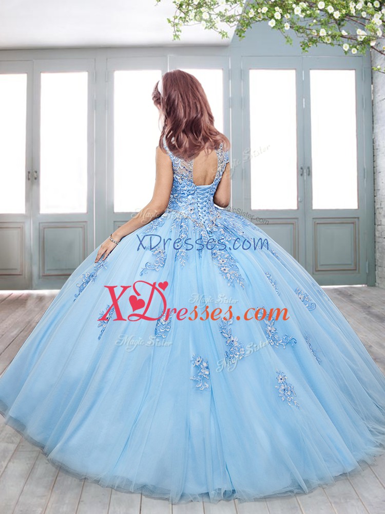 Excellent Blue Short Sleeves Tulle Sweep Train Lace Up Girls Pageant Dresses for Party and Wedding Party