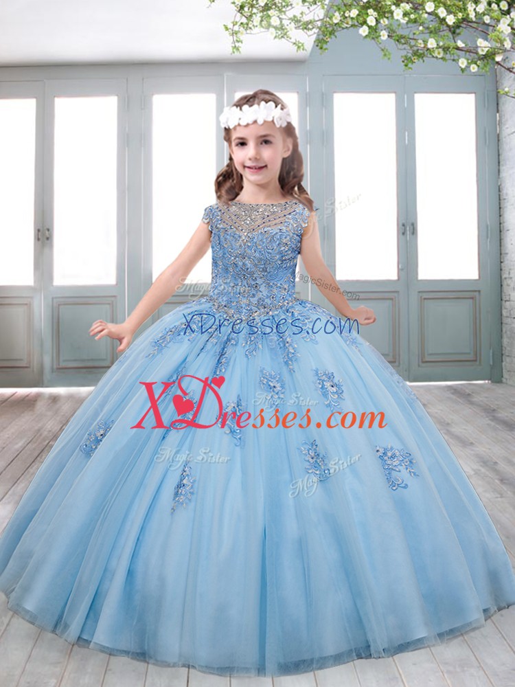 Excellent Blue Short Sleeves Tulle Sweep Train Lace Up Girls Pageant Dresses for Party and Wedding Party