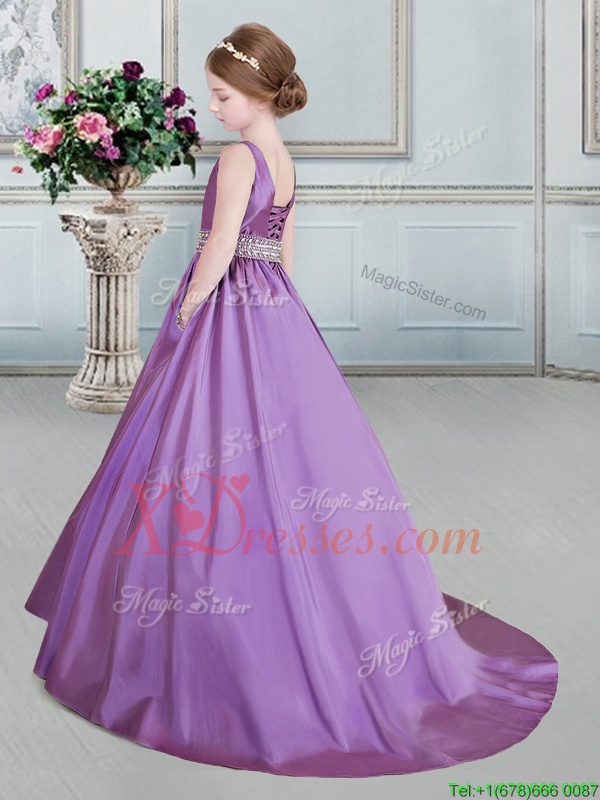  Eggplant Purple Sleeveless Beading and Ruffles Floor Length Child Pageant Dress