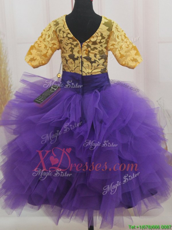  Scoop Eggplant Purple and Gold Ball Gowns Lace and Ruffles and Bowknot Girls Pageant Dresses Zipper Tulle Short Sleeves Mini Length