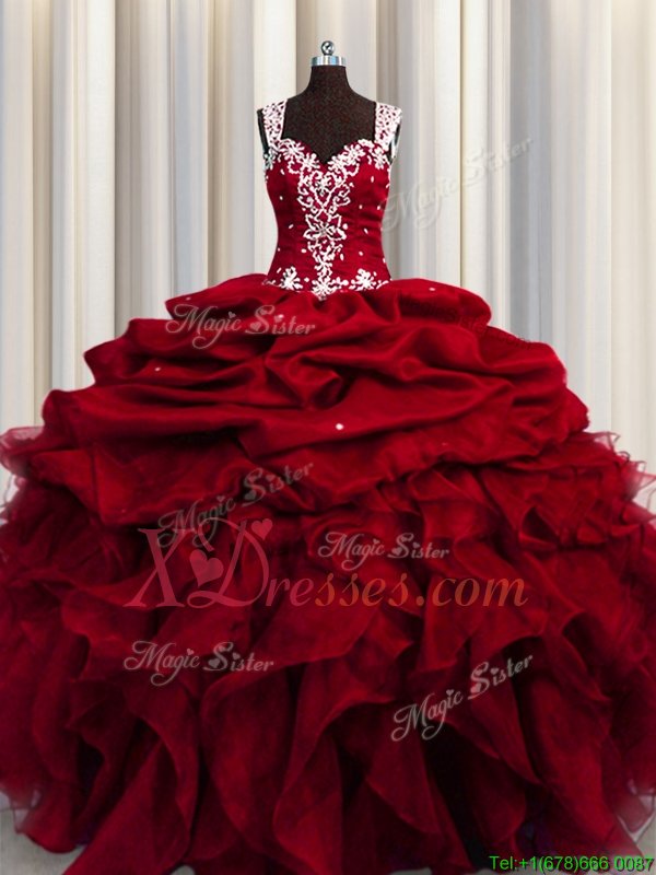  See Through Beading and Ruffles and Sequins Quinceanera Dresses Wine Red Zipper Sleeveless Floor Length