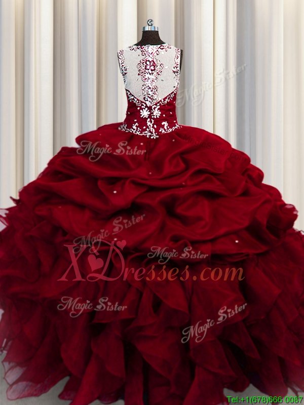  See Through Beading and Ruffles and Sequins Quinceanera Dresses Wine Red Zipper Sleeveless Floor Length
