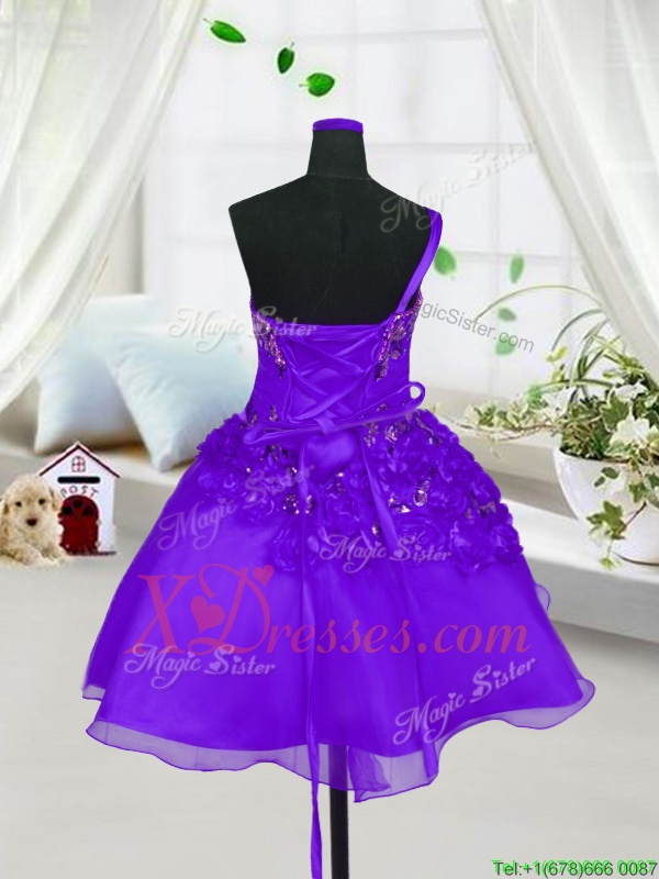  Eggplant Purple A-line Sweetheart Sleeveless Organza Knee Length Lace Up Beading and Hand Made Flower Flower Girl Dresses