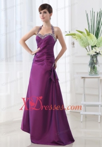 Eggplant Purple Halter Top Beading and Ruching Taffeta A-line Prom Dress