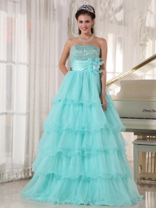 Apple Green A-line Strapless Floor-length Taffeta and Organza Beading Quinceanera Dress
