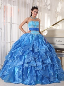 Blue Ball Gown Strapless Floor-length Organza Appliques Quinceanera Dress
