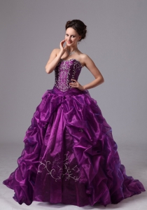 Embroidery and Pick-ups Sweep Train For Eggplant Purple Quinceanera Dress For Custom Made