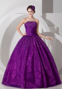 Purple A-line Sweetheart Floor-length Organza Ruch and Beading Quinceanera Dress